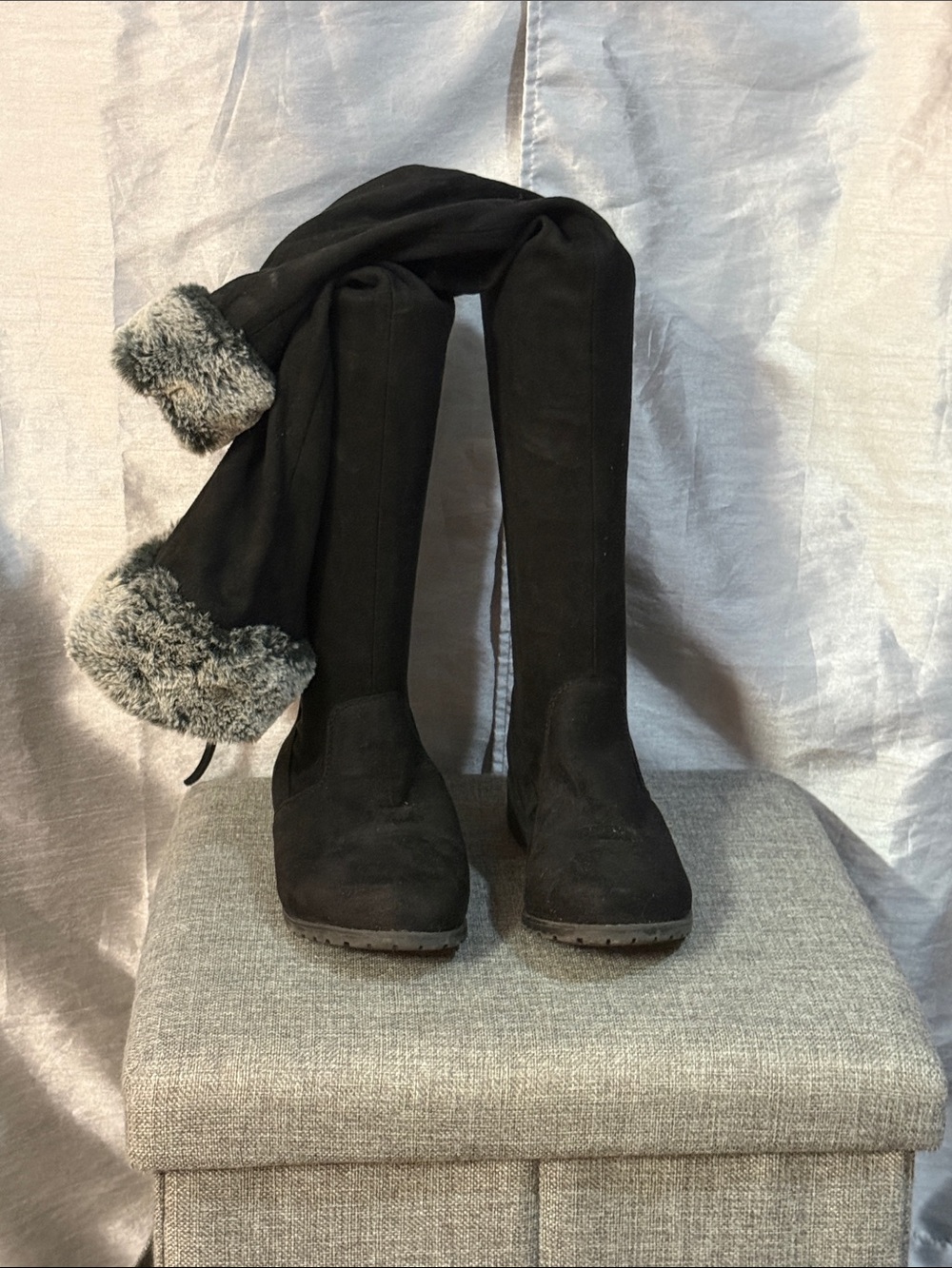 Forever Link Black Over-the-Knee Faux Suede Boots with Faux Fur Cuffs